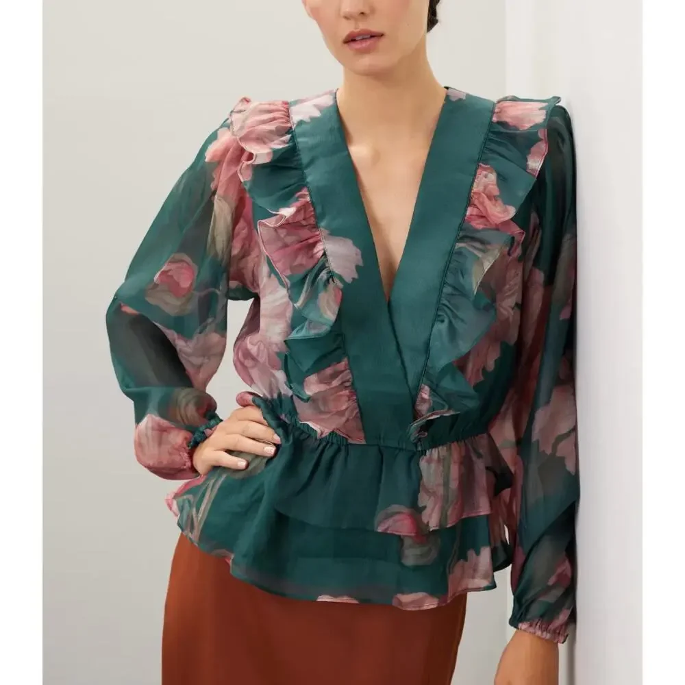 Hutch Hunter Green Chiffon Ruffle Top MEDIUM Cottage Fall Romantic Designer $180 - Picture 2 of 10